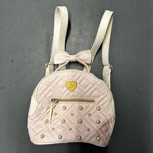 Women's Betsey Johnson pink and white pearl leather bow backpack purse